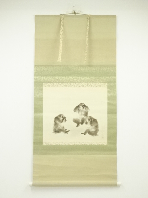 JAPANESE HANGING SCROLL / HAND PAINTED / THREE MONKEYS
